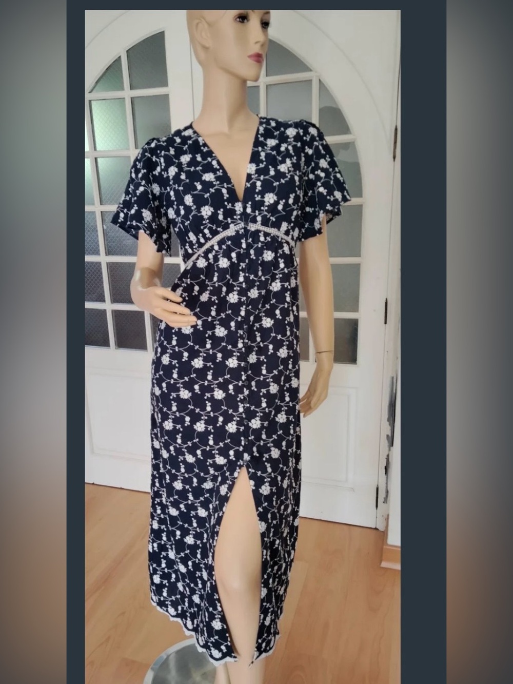 Zara Navy Blue Floral Maxi Dress with White Print